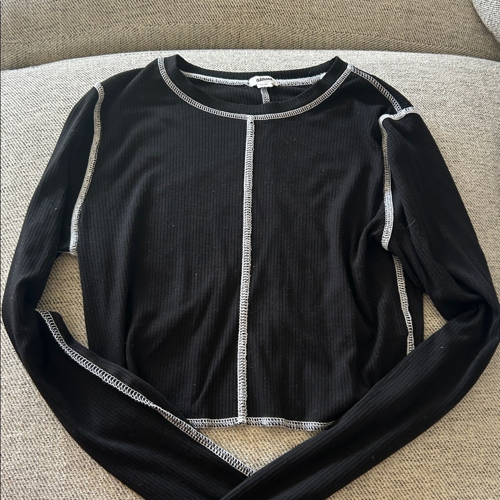 Garage Black Long Sleeve Tee with Contrast Stitching